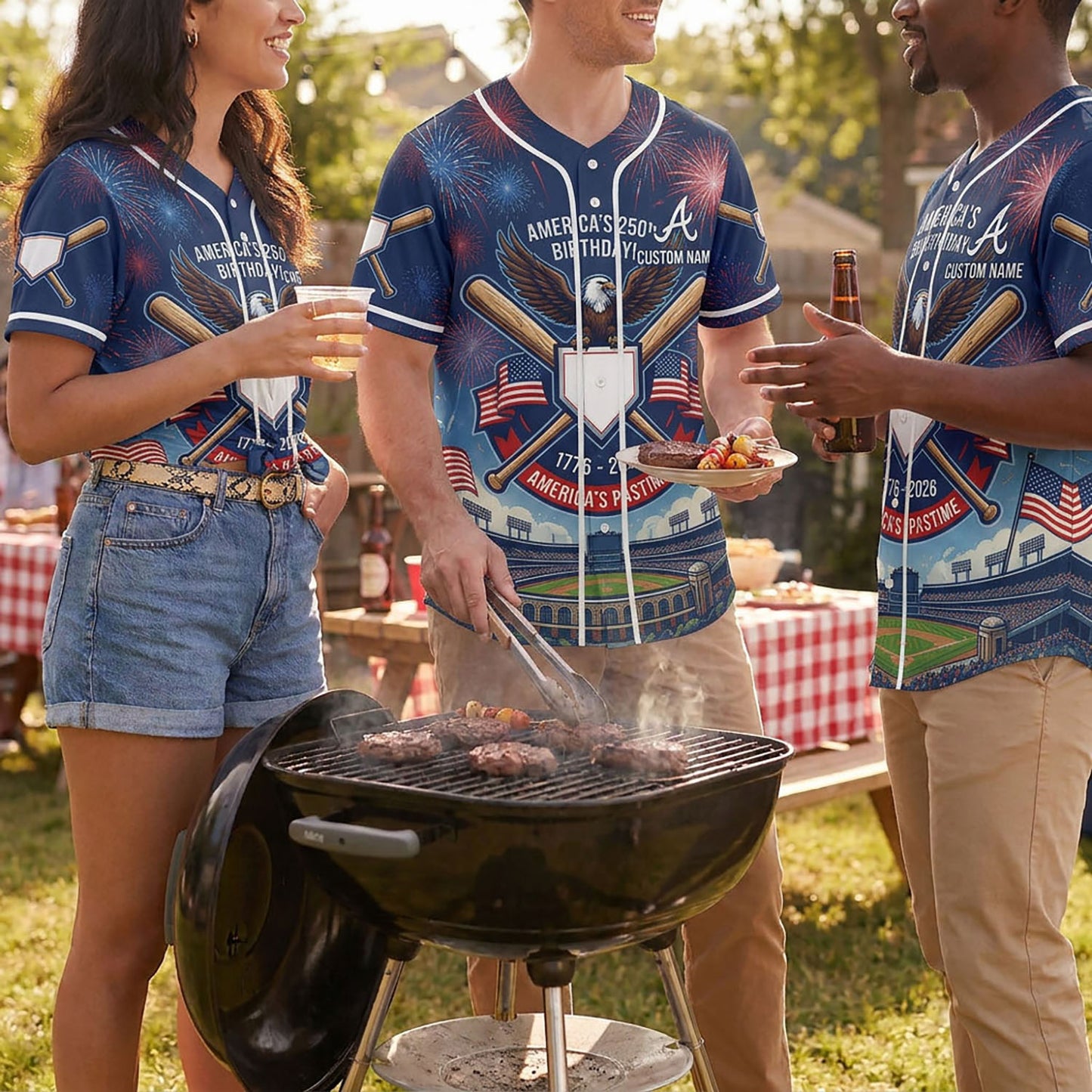 Diverse Group Of People Celebrating At An Outdoor Summer BBQ Wearing Commemorative 250th Anniversary Baseball Jerseys