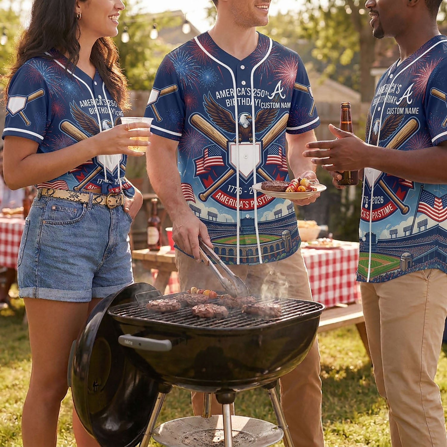 Diverse Group Of People Celebrating At An Outdoor Summer BBQ Wearing Commemorative 250th Anniversary Baseball Jerseys