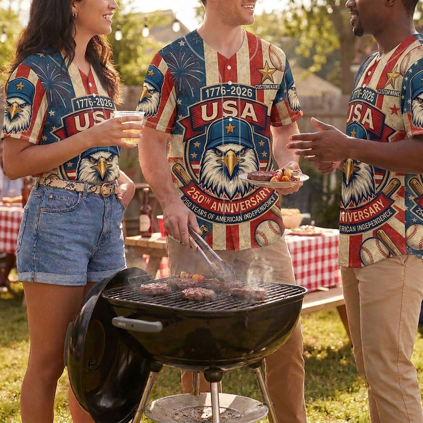 Diverse Group Of People Celebrating At An Outdoor Summer BBQ Wearing Commemorative 250th Anniversary Baseball Jerseys