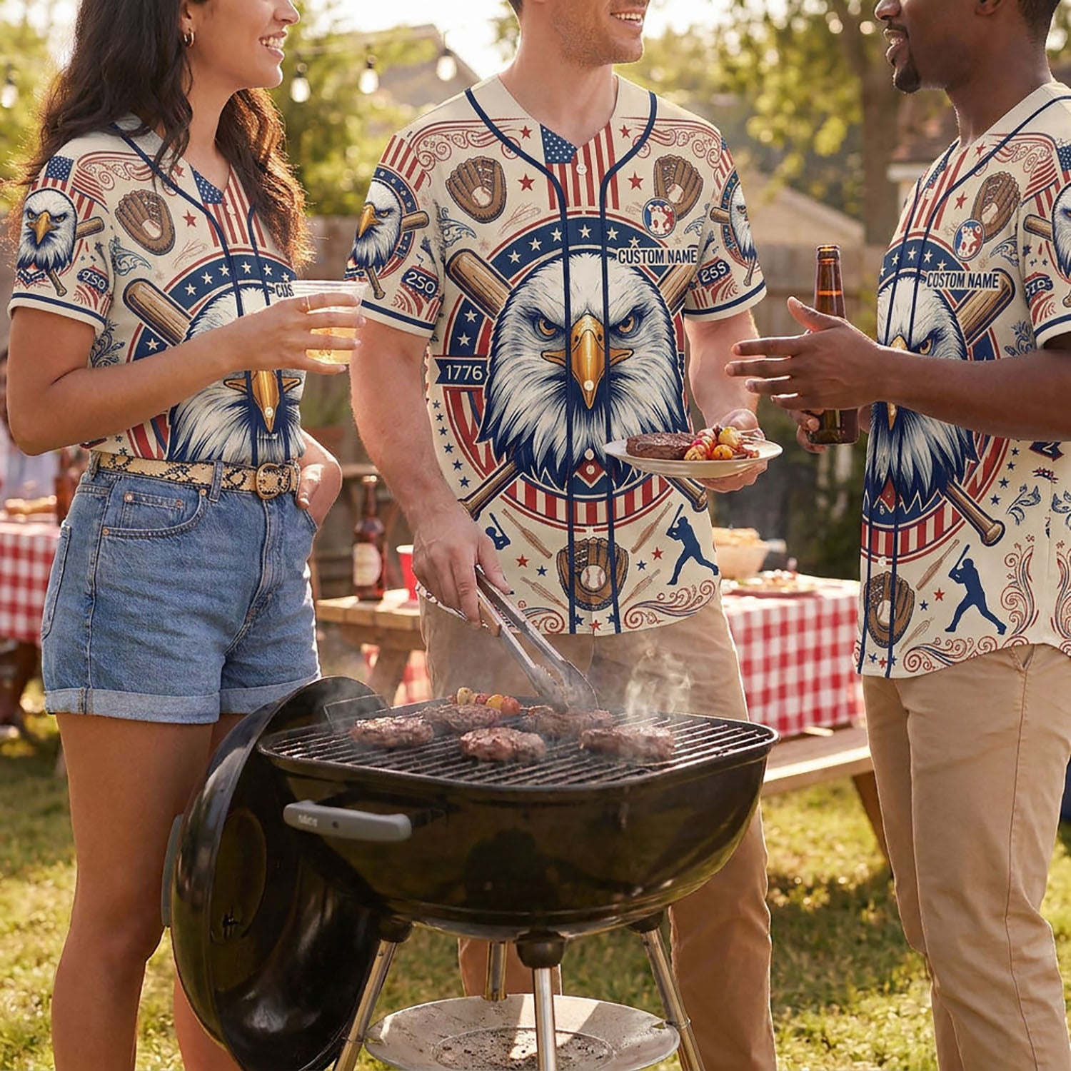 Diverse Group Of People Celebrating At An Outdoor Summer BBQ Wearing Commemorative 250th Anniversary Baseball Jerseys