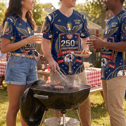 Diverse Group Of Friends Celebrating At An Outdoor Summer BBQ Wearing Vintage-Style 250th Anniversary Baseball Jerseys