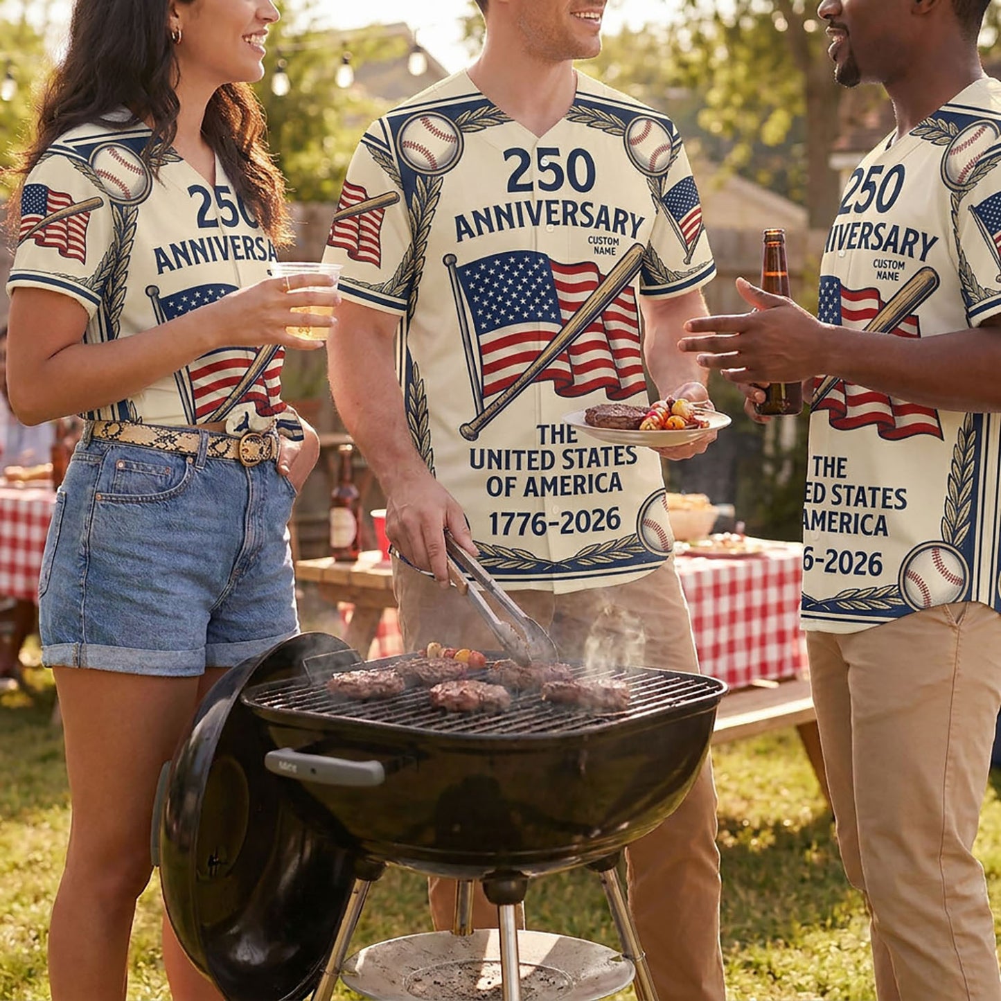 Diverse group of people at a backyard BBQ wearing vintage-style American flag and baseball bat commemorative jerseys
