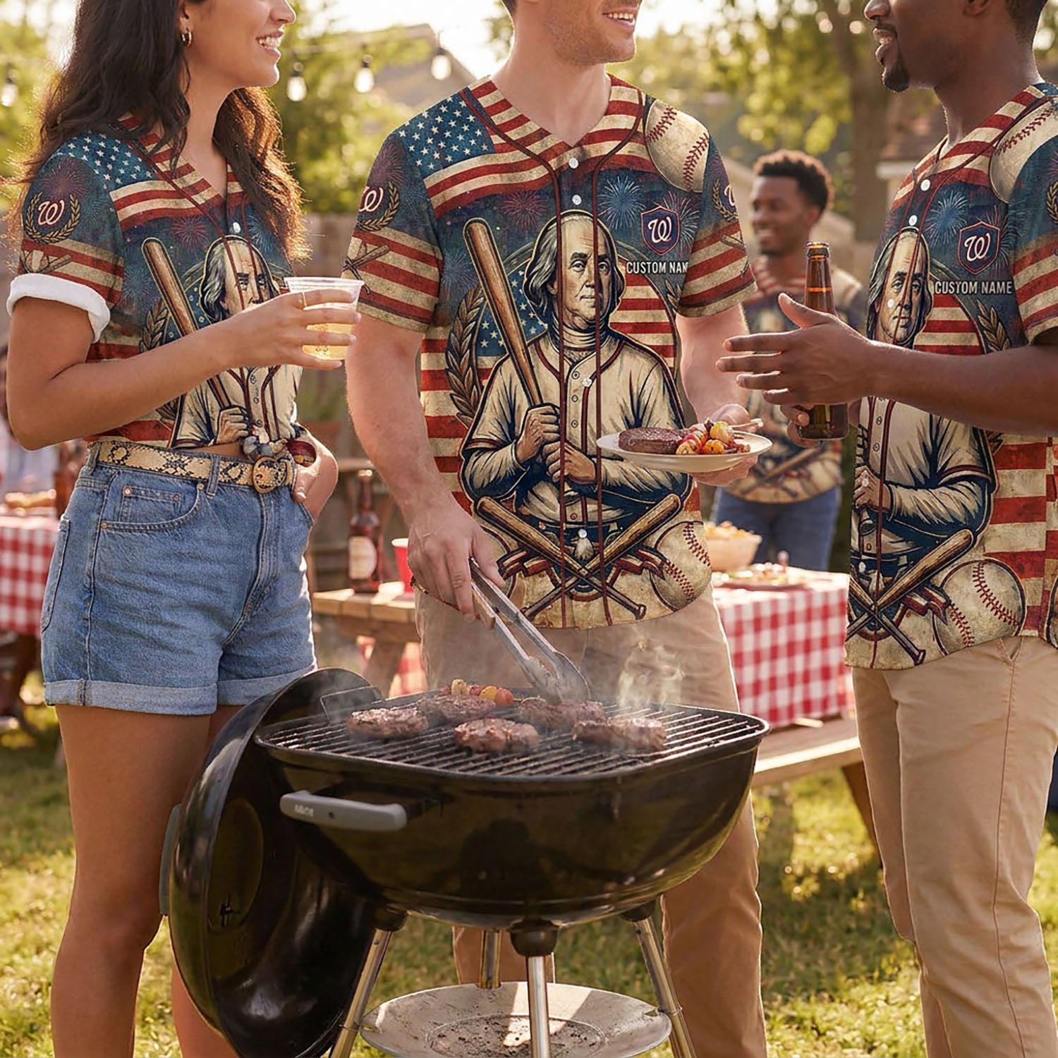 Diverse Group Of People Celebrating At An Outdoor Summer BBQ Wearing Commemorative 250th Anniversary Baseball Jerseys