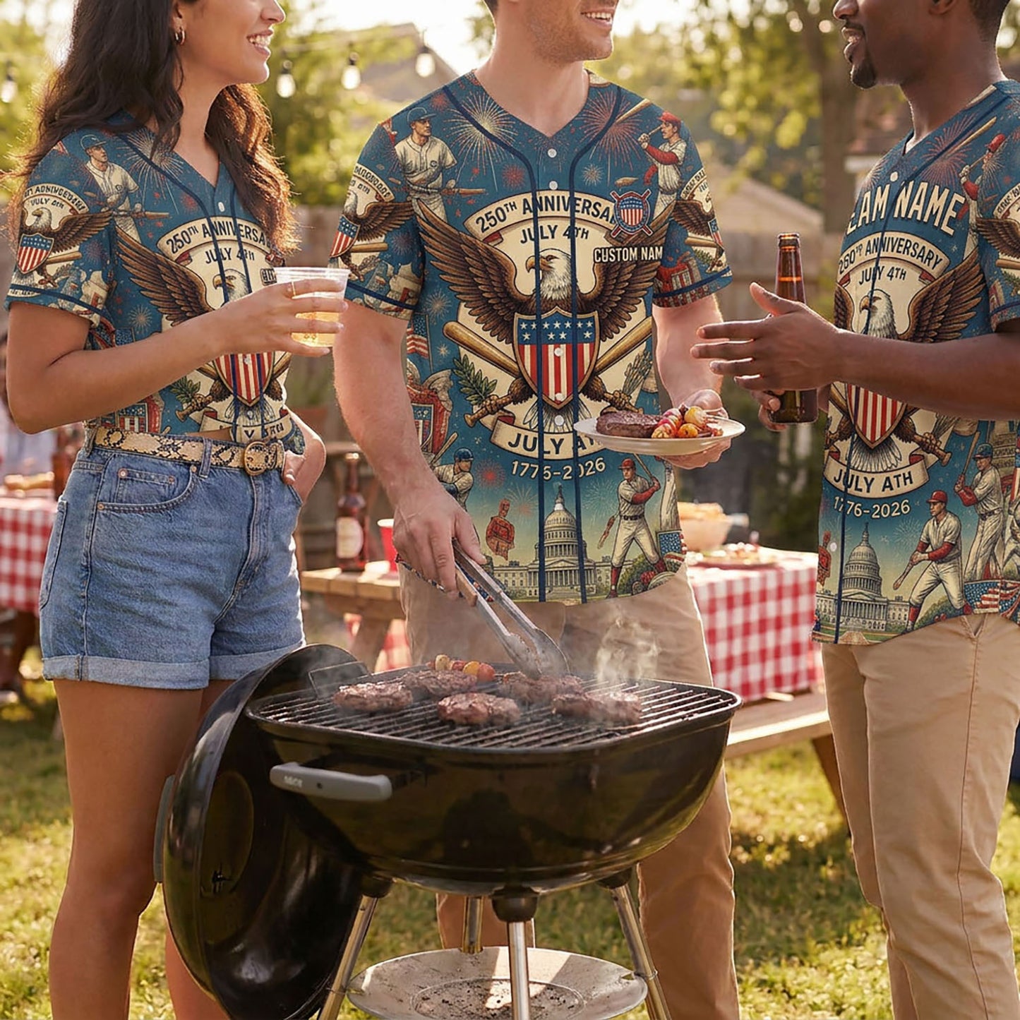 Diverse Group Of Friends Celebrating At An Outdoor Summer BBQ Wearing Commemorative 250th Anniversary Baseball Jerseys
