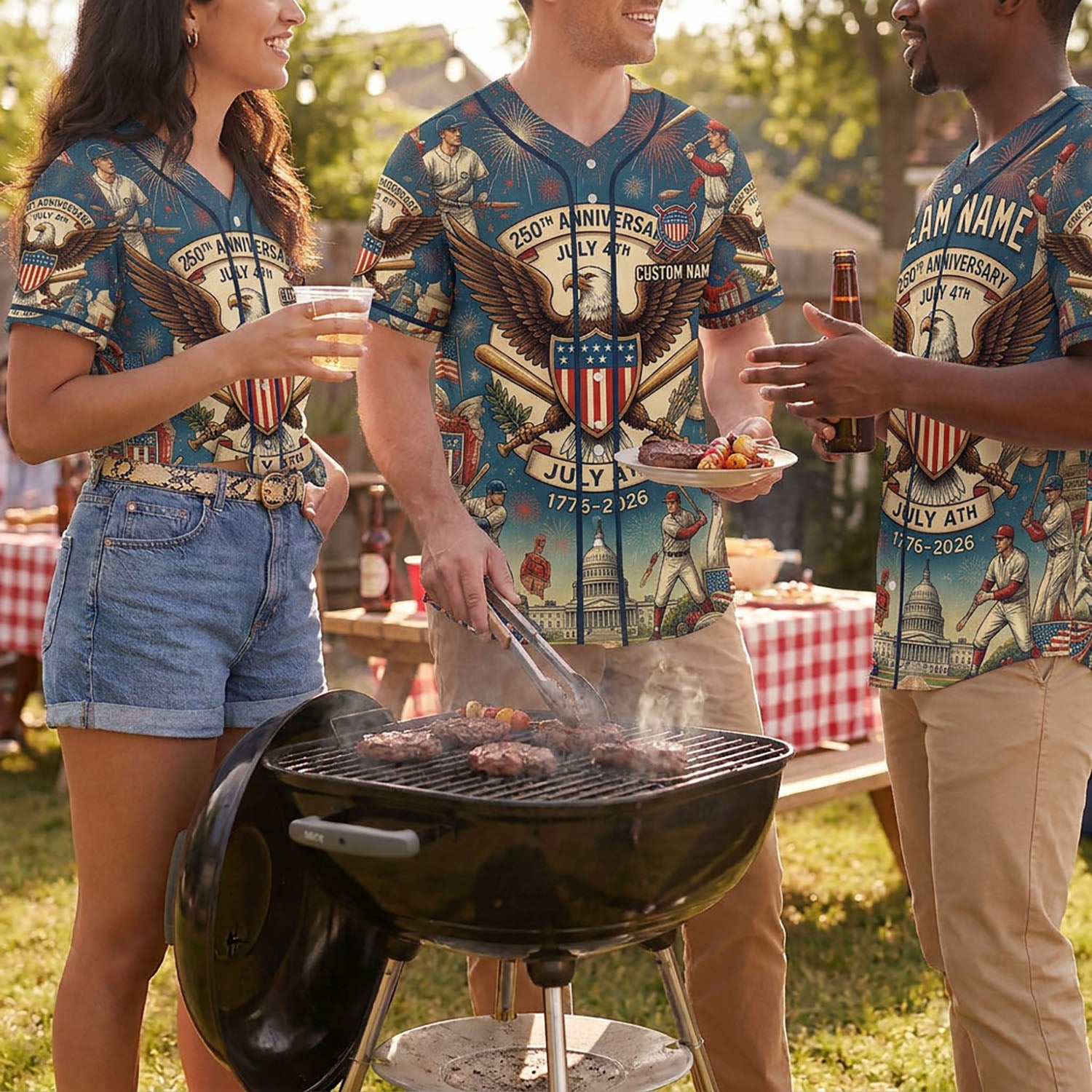 Diverse Group Of Friends Celebrating At An Outdoor Summer BBQ Wearing Commemorative 250th Anniversary Baseball Jerseys