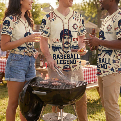 Diverse Group Of People Celebrating At An Outdoor Summer BBQ Wearing Commemorative 250th Anniversary Baseball Jerseys
