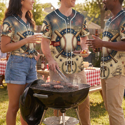 Diverse Group Of People Celebrating At An Outdoor Summer BBQ Wearing Commemorative 250th Anniversary Baseball Jerseys