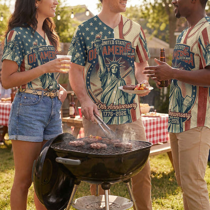 Diverse Group Of People Celebrating At An Outdoor Summer BBQ Wearing Commemorative 250th Anniversary Baseball Jerseys