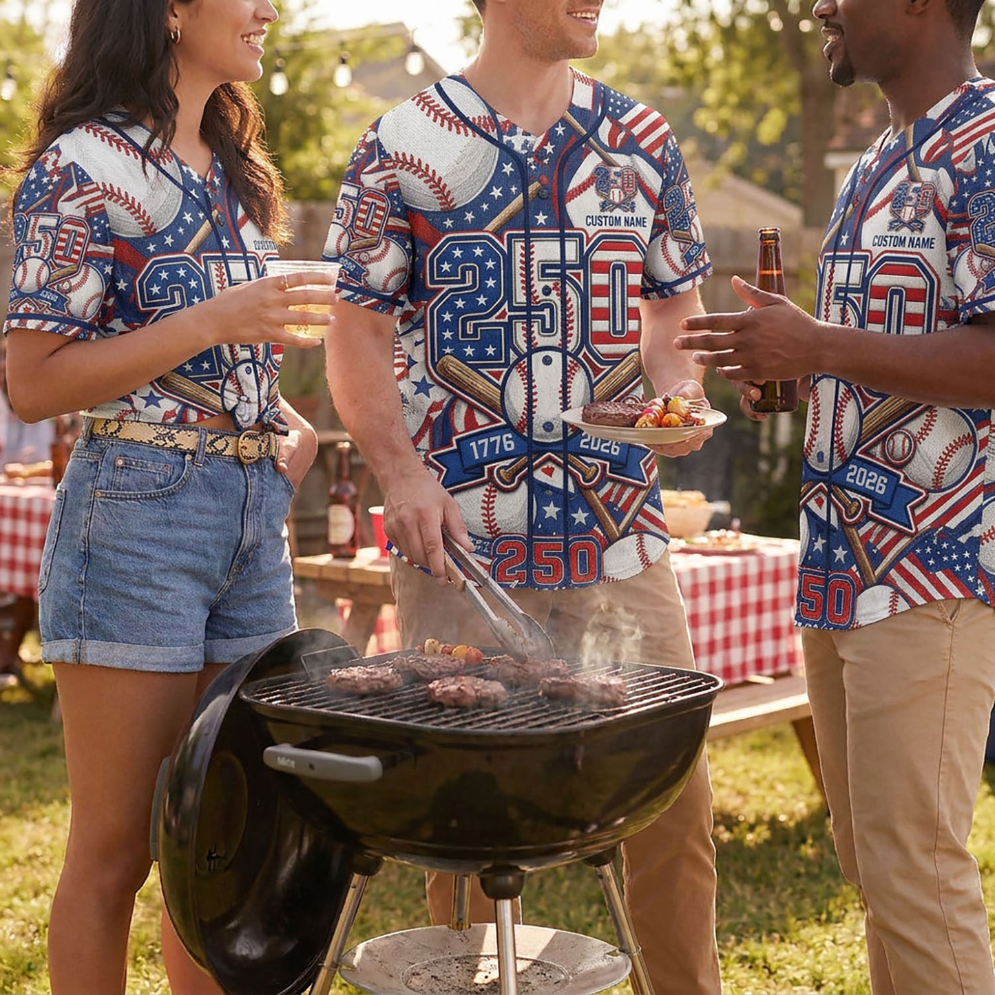 Diverse Group Of People Celebrating At An Outdoor Summer BBQ Wearing Commemorative 250th Anniversary Baseball Jerseys