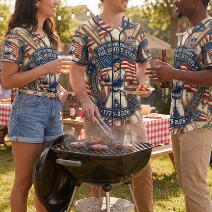 Diverse Group Of Friends Celebrating At An Outdoor Summer BBQ Wearing Vintage-Style 250th Anniversary Baseball Jerseys