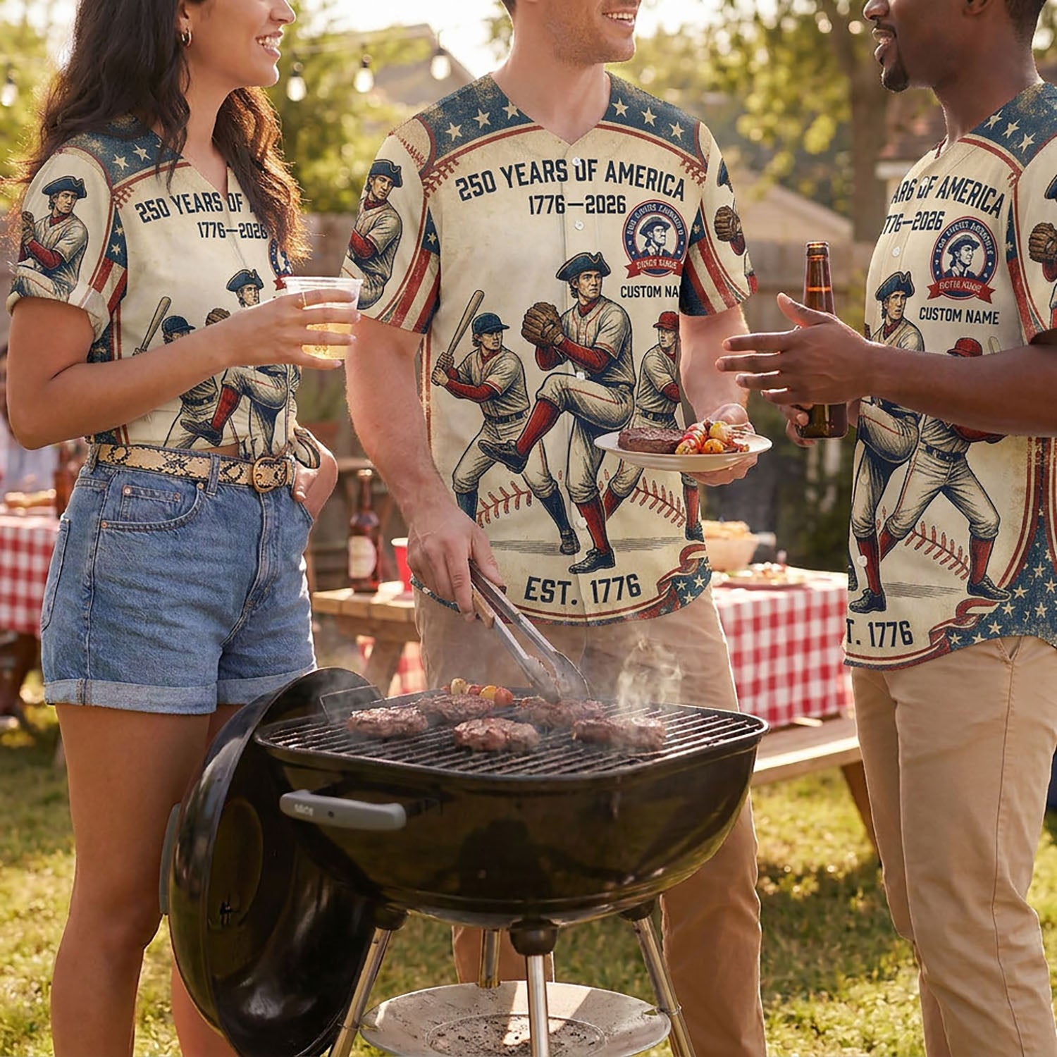 Diverse Group Of Friends Celebrating At An Outdoor Summer BBQ Wearing Commemorative 250th Anniversary Heritage Baseball Jerseys