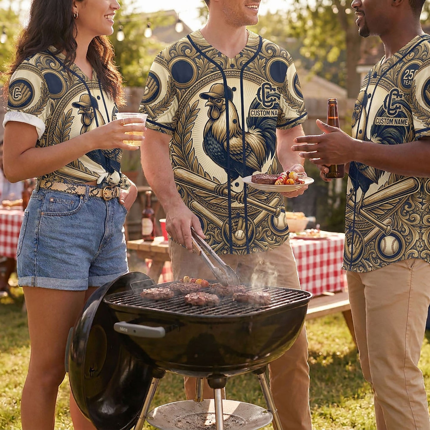 Diverse Group Of People Celebrating At An Outdoor Summer BBQ Wearing Commemorative 250th Anniversary Baseball Jerseys
