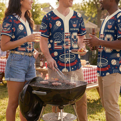 Diverse Group Of People Celebrating At An Outdoor Summer BBQ Wearing Vintage-Style 250th Anniversary Baseball Jerseys