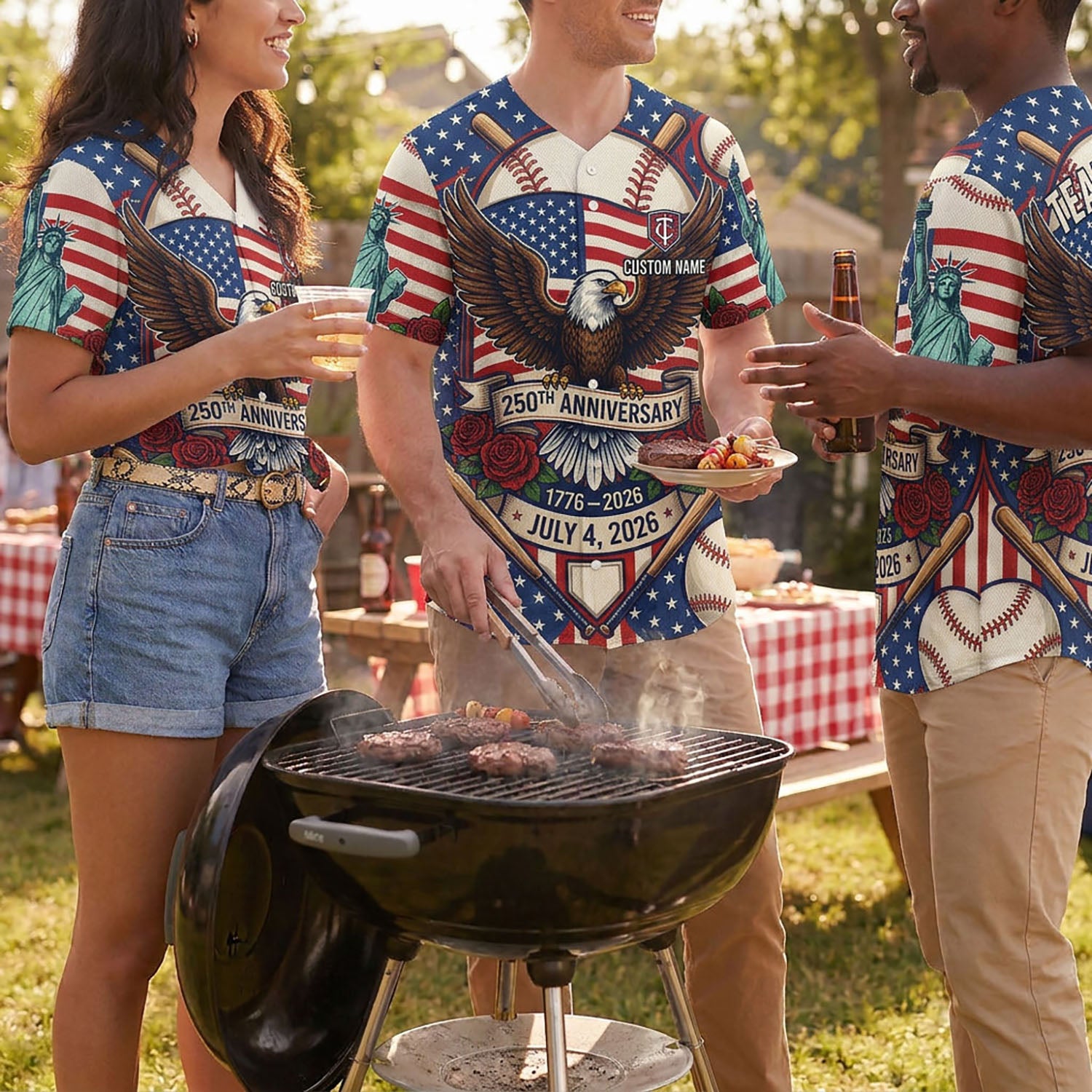 Group of diverse friends celebrating at an outdoor summer BBQ wearing commemorative 250th anniversary eagle baseball jerseys