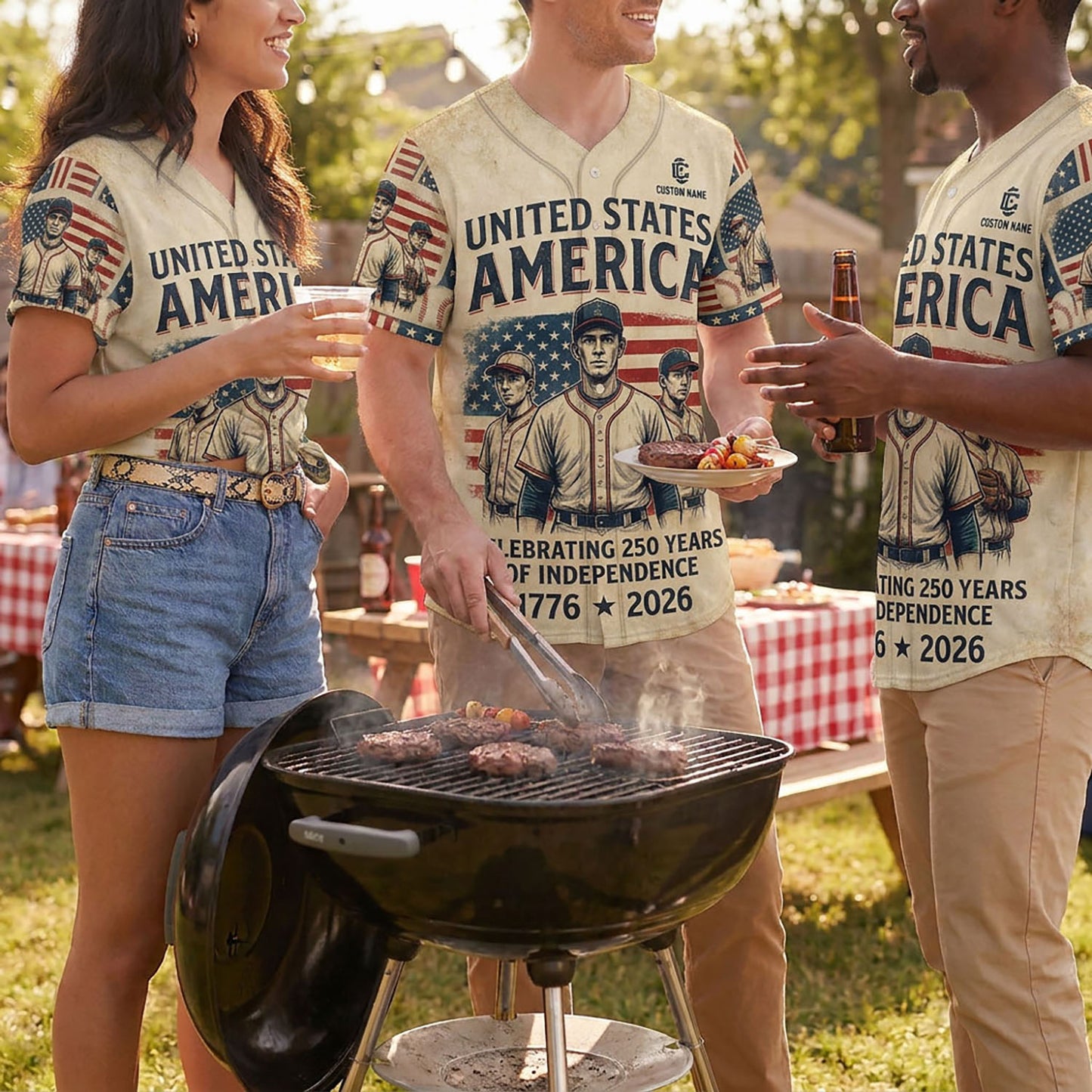 Diverse Group Of Friends Celebrating At An Outdoor Summer BBQ Wearing Commemorative 250th Anniversary Heritage Baseball Jerseys