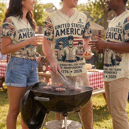 Diverse Group Of Friends Celebrating At An Outdoor Summer BBQ Wearing Commemorative 250th Anniversary Heritage Baseball Jerseys