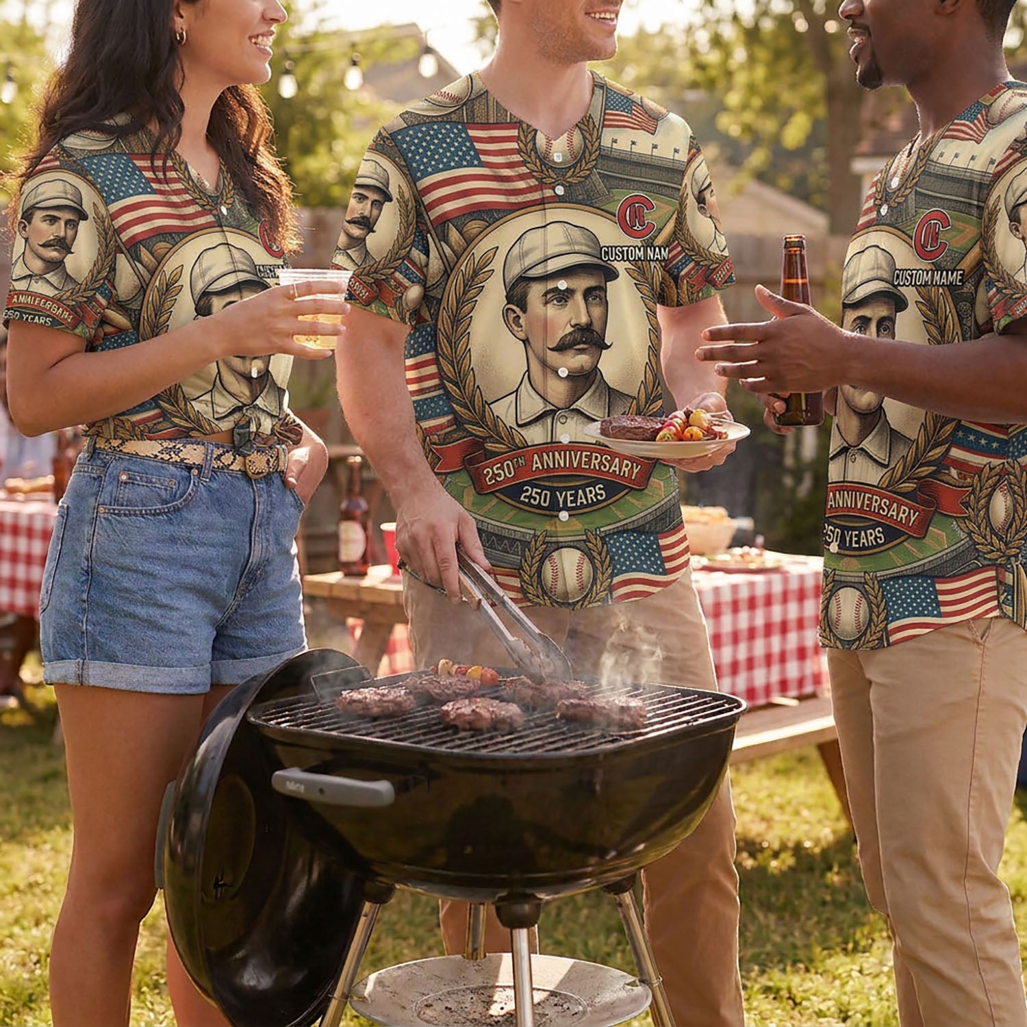 Diverse Group Of People Celebrating At An Outdoor Summer BBQ Wearing Commemorative 250th Anniversary Baseball Jerseys