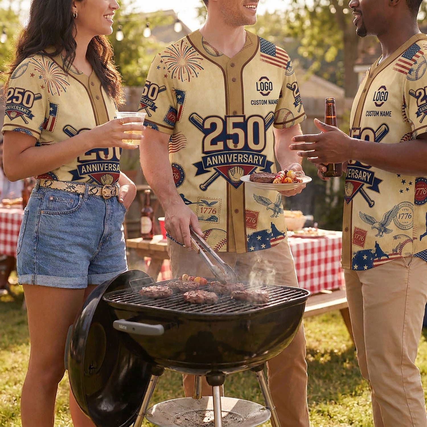 Diverse Group Of People Celebrating At An Outdoor Summer BBQ Wearing Commemorative 250th Anniversary Baseball Jerseys