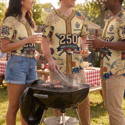 Diverse Group Of People Celebrating At An Outdoor Summer BBQ Wearing Commemorative 250th Anniversary Baseball Jerseys