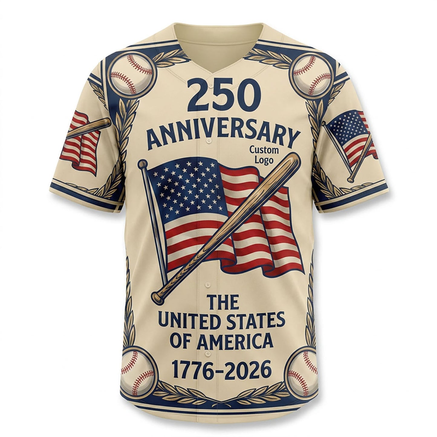 Full view of a custom baseball jersey with American flag and anniversary commemorative design
