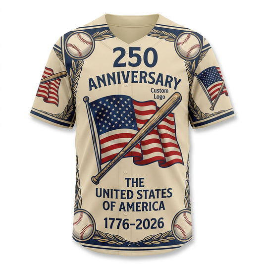 Full view of a custom baseball jersey with American flag and anniversary commemorative design