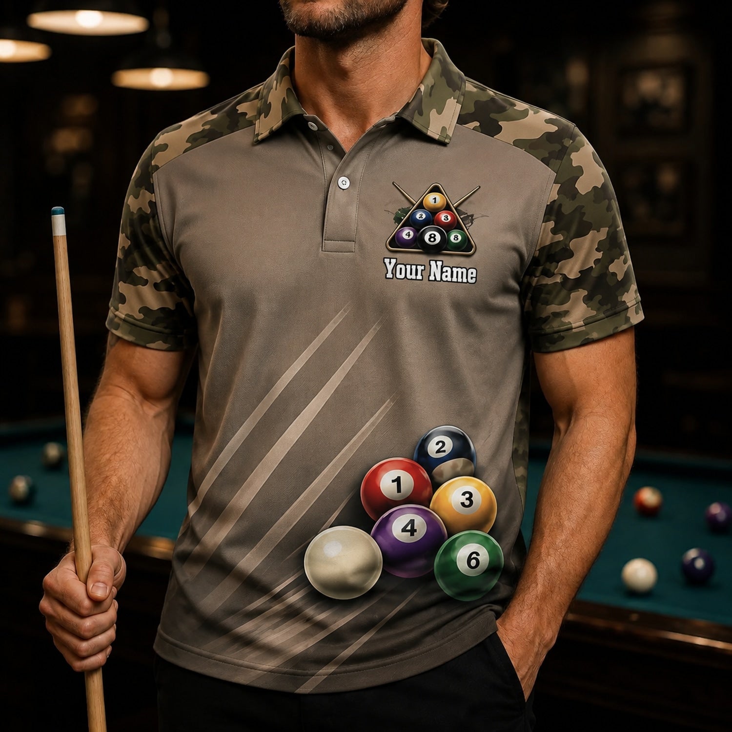 Personalized Pool Ball Rack Sport Billiard Polo Shirt Front View
