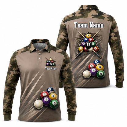 Personalized Pool Ball Rack Sport Billiard Polo Shirt Long Sleeve Polo