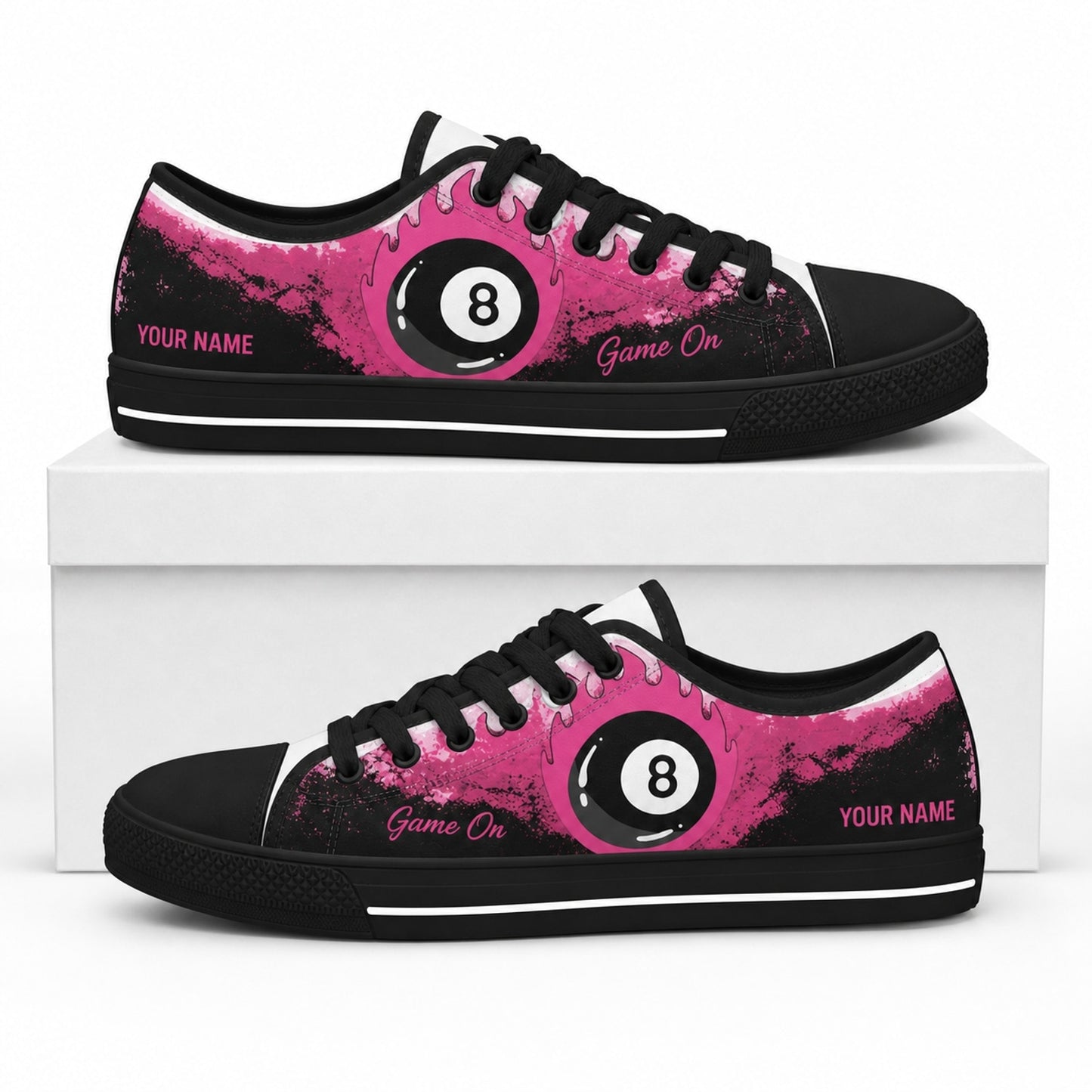 Pink Flaming Eight Ball Graphic Personalized Low Top Shoes Box Black