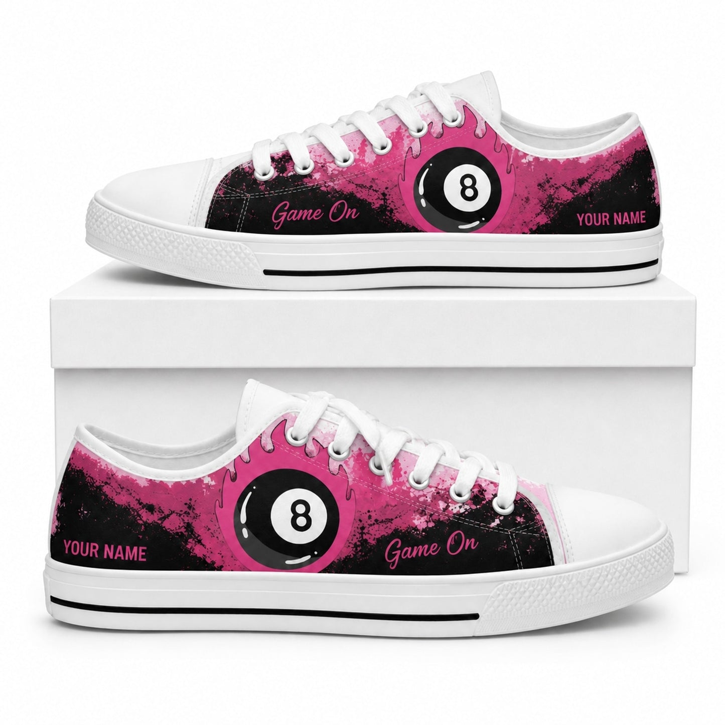 Pink Flaming Eight Ball Graphic Personalized Low Top Shoes Box White