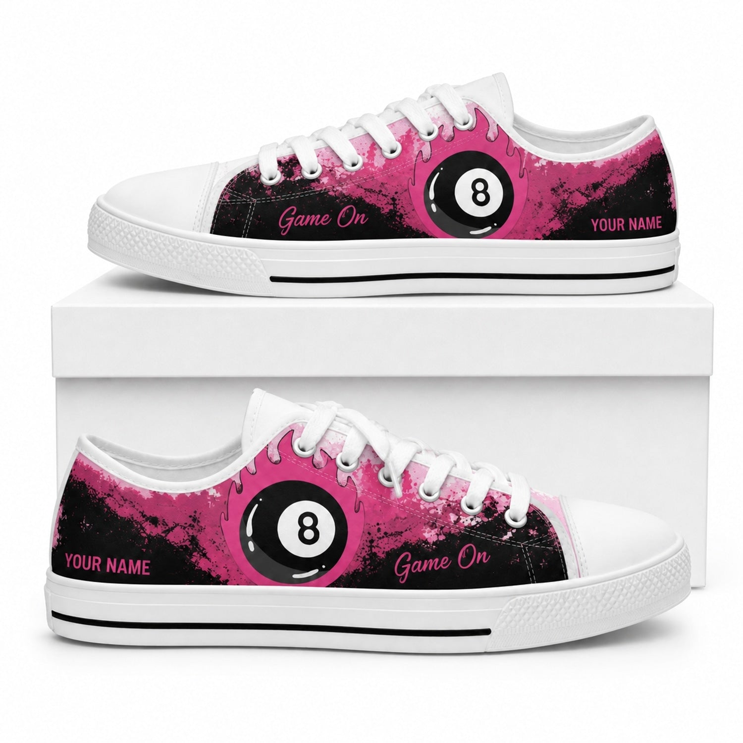 Pink Flaming Eight Ball Graphic Personalized Low Top Shoes Box White