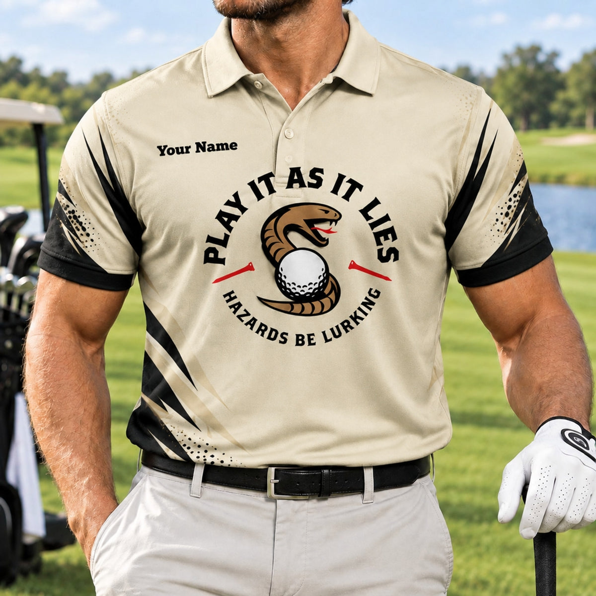 Play It As It Lies Golf Humor Personalized Golf Polo Shirt Front View