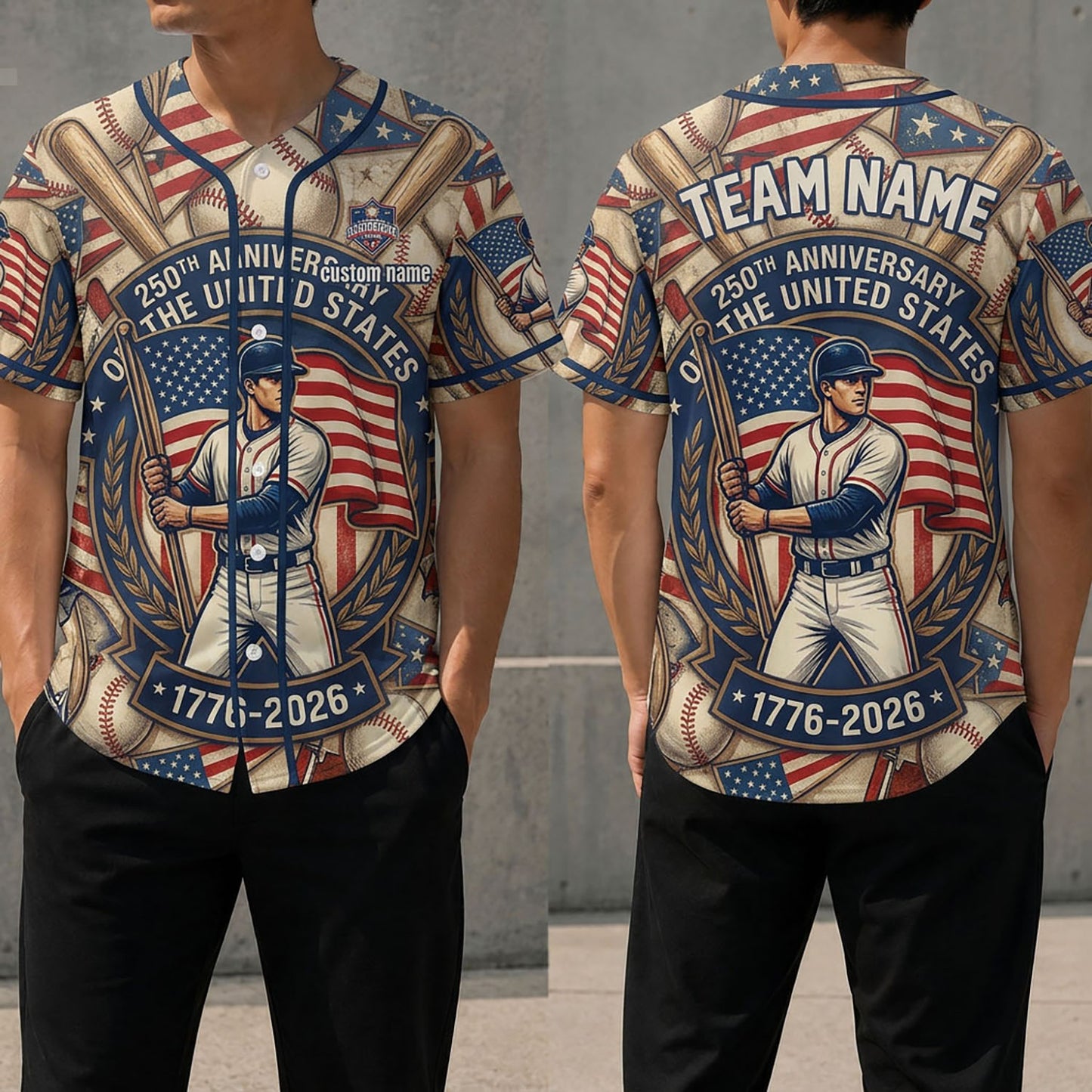 Front And Back View Of A Commemorative Baseball Jersey Featuring An Illustrated Baseball Player With A Bat And American Flag Graphics