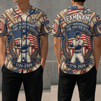 Front And Back View Of A Commemorative Baseball Jersey Featuring An Illustrated Baseball Player With A Bat And American Flag Graphics