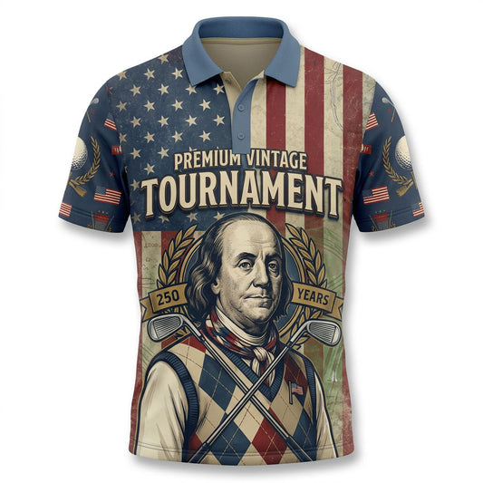 Flatlay view of patriotic Benjamin Franklin golf polo for men