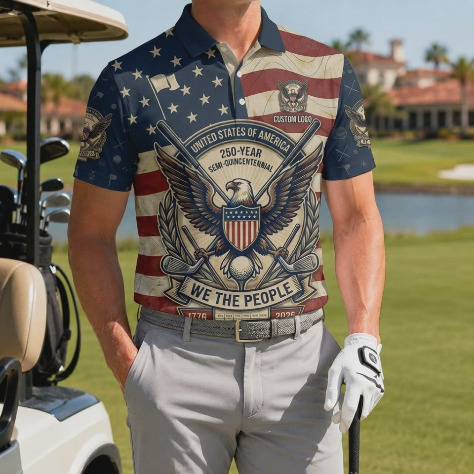 Video preview showcase capturing the 4-way stretch flexibility, moisture-wicking weave, and bold flag print saturation of the golf polo shirt.