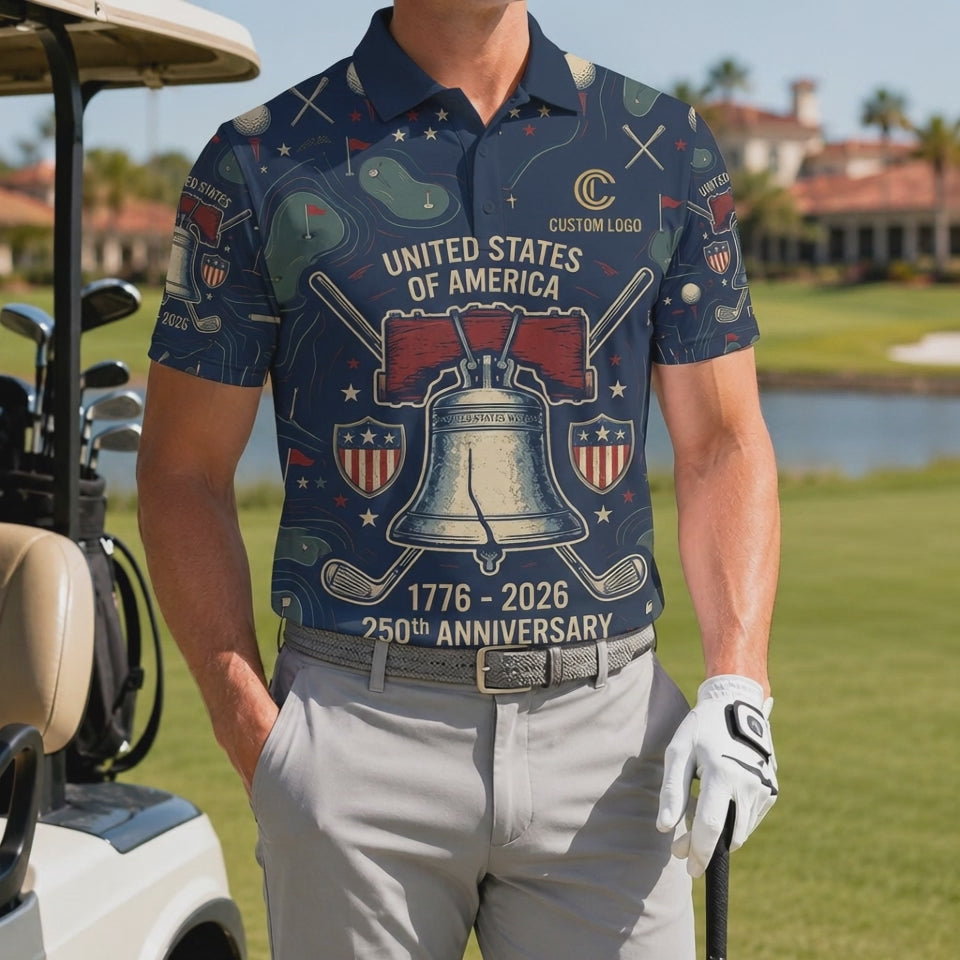 Product video showcasing the premium lightweight fabric and crisp historical Liberty Bell print of the custom 250th anniversary polo.