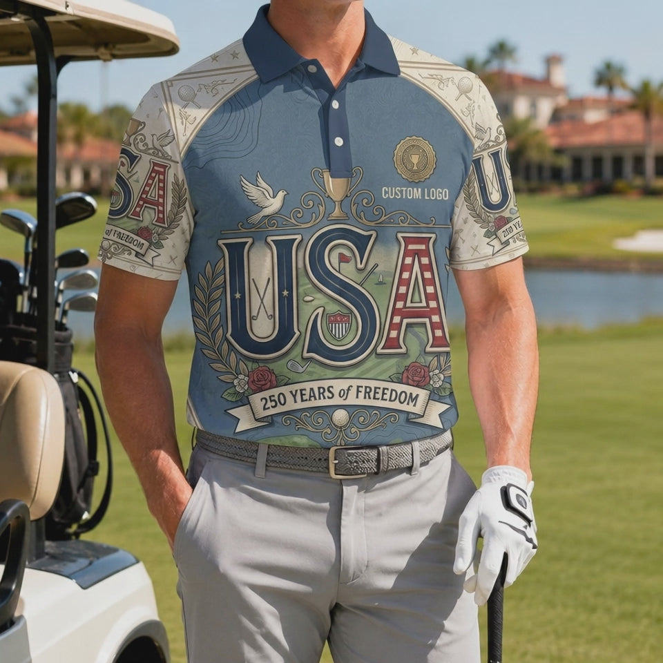 Video preview showcase capturing the breathable, high-stretch texture and rich color depth of the custom USA Eagle golf polo shirt.