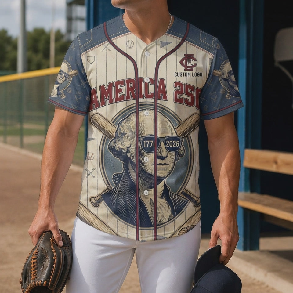 Short product showcase video highlighting a male model wearing the cream pinstripe George Washington America 250th baseball jersey at a sports field dugout.