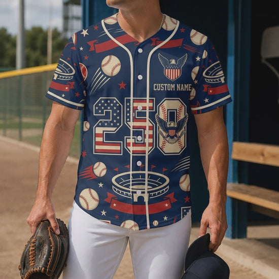 Cinematic Video Showcase Of The 250th Anniversary Stadium Baseball Jersey Featuring Eagle Graphics And Baseball Motifs