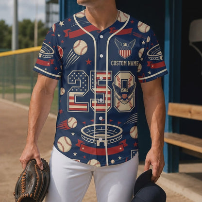 Cinematic Video Showcase Of The 250th Anniversary Stadium Baseball Jersey Featuring Eagle Graphics And Baseball Motifs