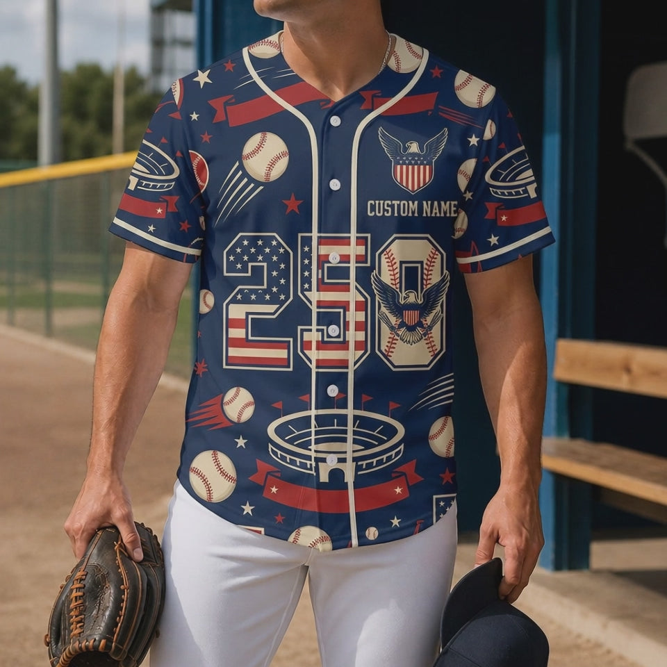 Cinematic Video Showcase Of The 250th Anniversary Stadium Baseball Jersey Featuring Eagle Graphics And Baseball Motifs