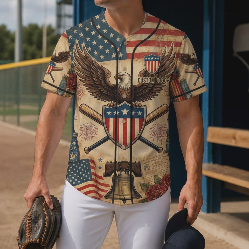 360-degree video showcase of a custom patriotic American baseball jersey featuring bald eagle, Liberty Bell, and vintage 250th-anniversary design