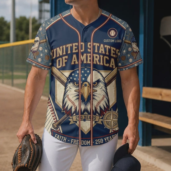 Video preview showcase highlighting the premium fabric texture and vibrant print quality of the USA Faith Freedom 250 Years baseball jersey.