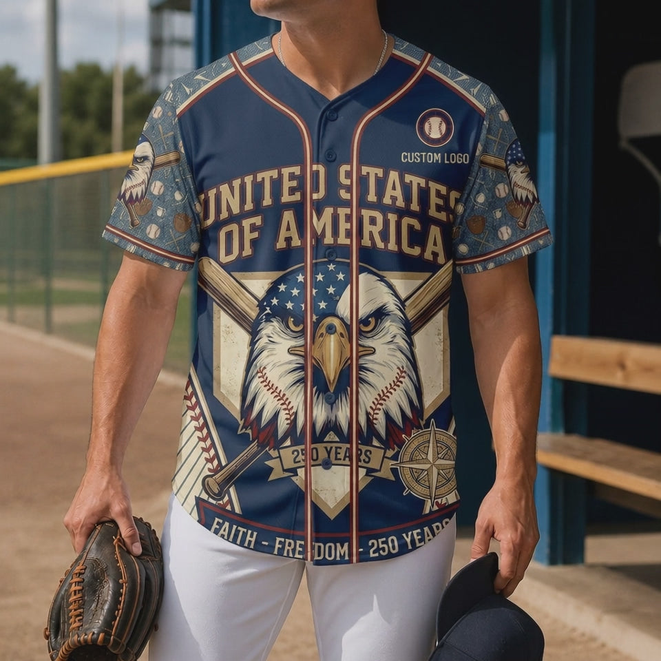 Video preview showcase highlighting the premium fabric texture and vibrant print quality of the USA Faith Freedom 250 Years baseball jersey.