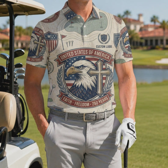 Product video showcasing the premium lightweight fabric and crisp eagle cross faith freedom print of the custom 250th anniversary polo.
