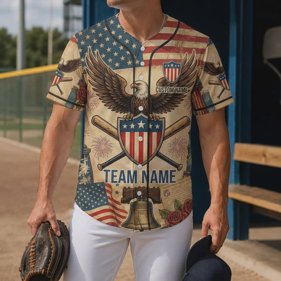 Video Showcase Of The Custom USA 250th Anniversary Heritage Eagle Baseball Jersey Featuring Vintage Patriotic Symbols
