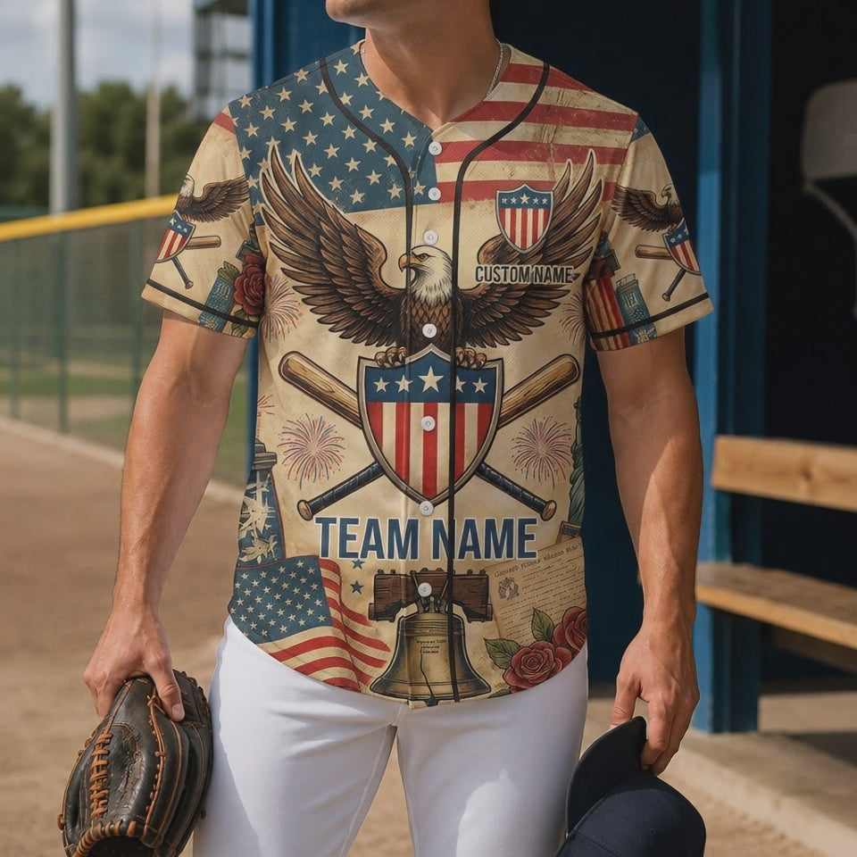 Video Showcase Of The Custom USA 250th Anniversary Heritage Eagle Baseball Jersey Featuring Vintage Patriotic Symbols
