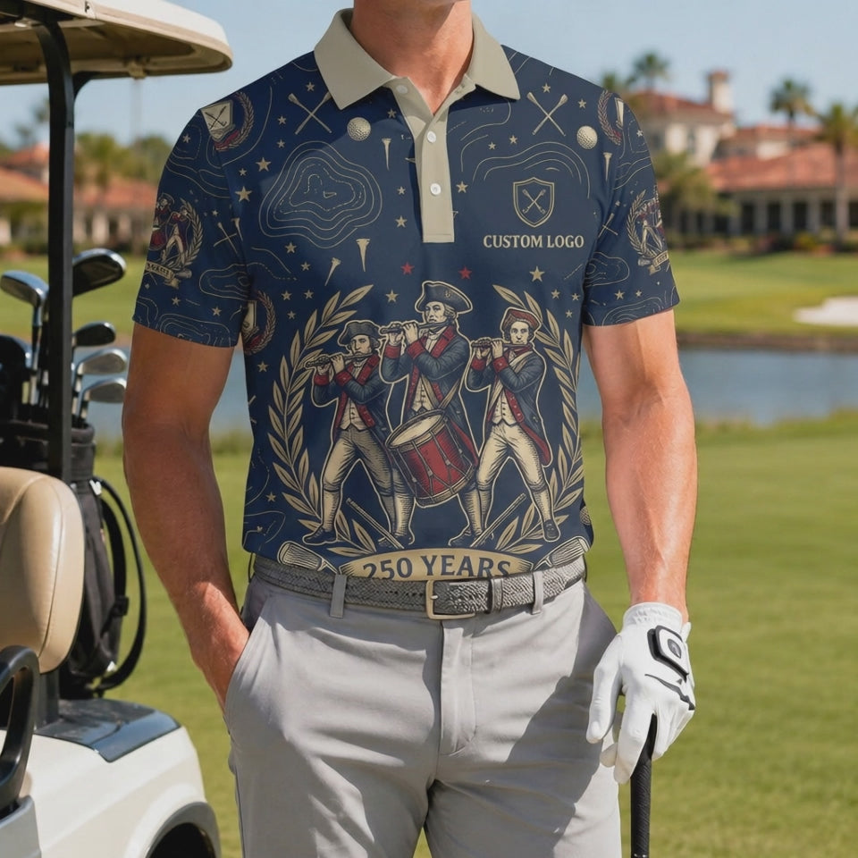 Video preview showcase capturing the 4-way stretch material flexibility, cooling sweat-wicking knit texture, and crisp historical color details of the polo.