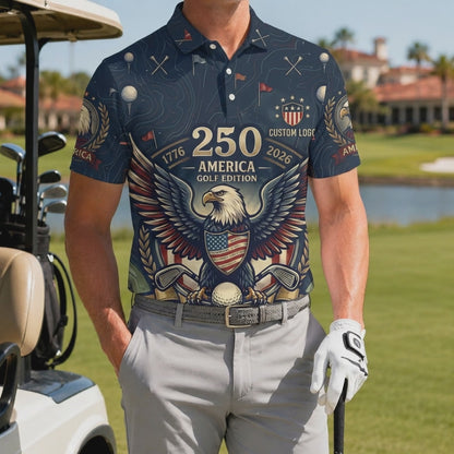360-degree video showcase of USA 250th anniversary eagle golf polo