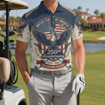 Product video showcasing the premium lightweight fabric and crisp eagle liberty freedom print of the custom 250th anniversary polo.
